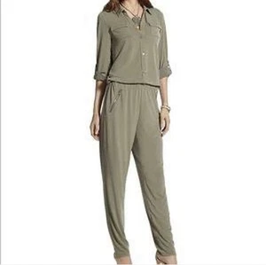Chico’s Utility Jumpsuit Sz L Olive Green Pockets Gold Zipper and Button Detail - Picture 1 of 7