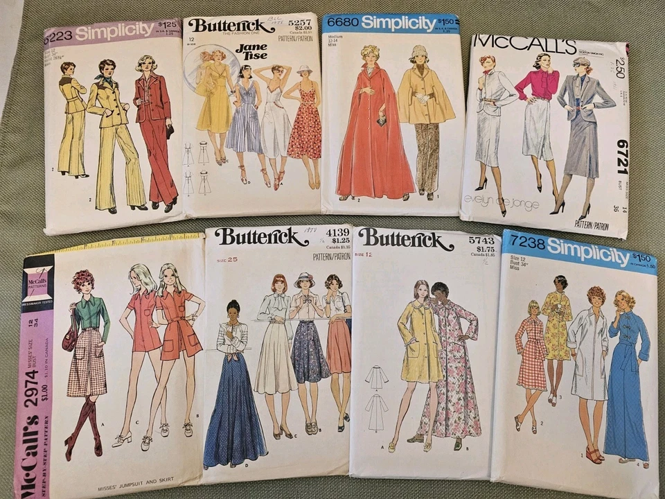Lot Of 8 1970s Sewing Patterns Dresses Robes Skirts  Jumpsuits Mostly Size 12 - Image 1 of 4