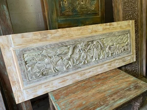 Vintage Radha Krishna Fluting Wood Carved Headboard Artistic Unique Old World