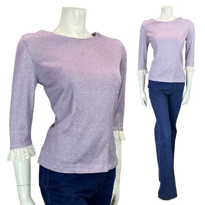 VTG 60S 70S LILAC PURPLE LUREX LACE TRIM 1/2 SLEEVE PARTY PRAIRIE MOD TOP 8 - Image 1 of 4