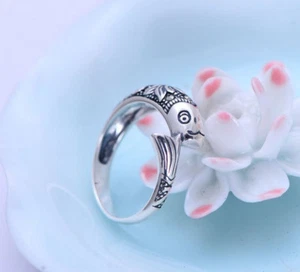 Anillo I01 de plata de ley 925 pez con flor de loto - Imagen 1 de 8