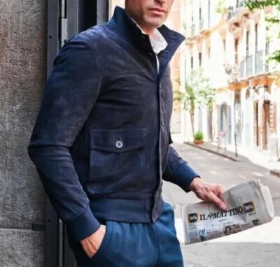 Navy Blue Suede Leather Jacket for Men Bomber Size S M L XL XXL 3XL Custom Made - Image 1 of 4