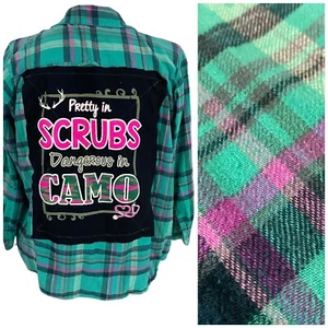 Camisa Médica de Franela para Mujer 22W RN Camuflada Verde a Cuadros Country Grunge Campamento Reciclada - Imagen 1 de 14