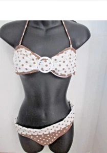 VICTORIA'S SECRET Ivory/ Brown Polka Dot 2 Piece Halter Bandeau Swim Set Sz S - Picture 1 of 5