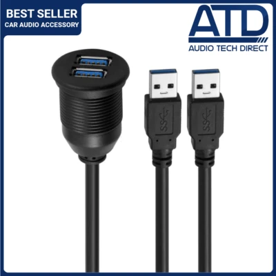 Dual USB 3.0 Male to USB Female Car Dash Panel Flush Mount Extension 1m Cable - Image 1 of 4