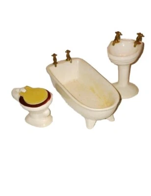 Vintage Porcelain Miniature Dollhouse Bathroom Set~ Tub, Toilet, Sink~ FREE SHIP - Image 1 of 4