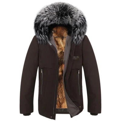 Winter Real Fox Fur Collar Hooded Rabbit Fur Lined Coat Parka Overcoats Zip Warm - Image 1 of 4