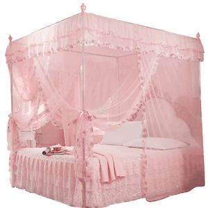 (Pink S)Luxury Princess 3 Side Openings Post Bed Curtain Canopy Netting PF - Picture 1 of 12