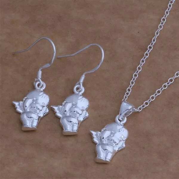 Parure Completo Donna  Collana E Orecchini Con Angelo Argento 925  - Immagine 1 di 1