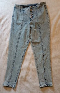 HIGH WAISTED BUTTON FLY JEANS BLUE ACID WASH SZ13 TAPERED LEG 80's/90's Stretch - Picture 1 of 7