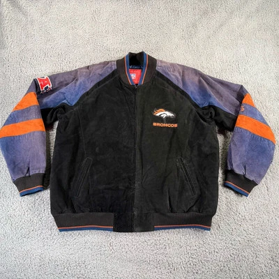 Vintage Denver Broncos Jacket Mens XL Black Suede Leather Double Sided Full Zip - Image 1 of 4