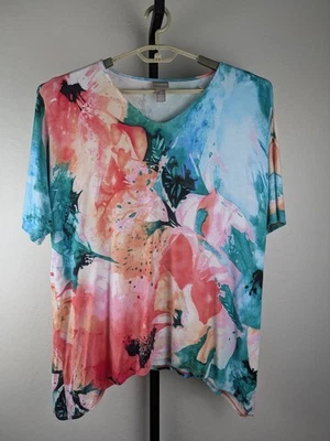 Chico's size 3 US XL short sleeve knit top modal blend colorful abstract floral - Image 1 of 4