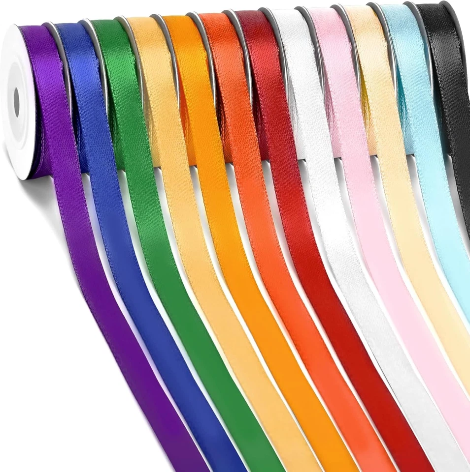 Rainbow Satin Ribbon, 12 Colors 3/8 Inch x 12 Rolls Total 120 Yards, Colorful Ri - Image 1 of 4