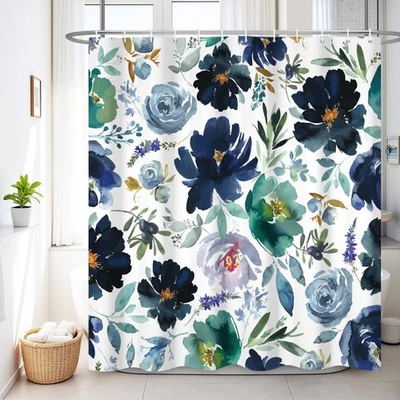72 x 84 Inch Blue Watercolor Flower Shower Curtains Sets Navy Blue Green Purp... - Image 1 of 4