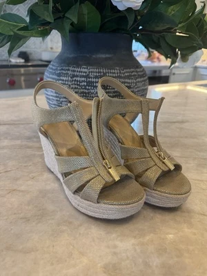 Michael Michael Kors Berkeley Gold Shimmer Zip Up Wedge Sandals Size 8.5 EUC - Image 1 of 4