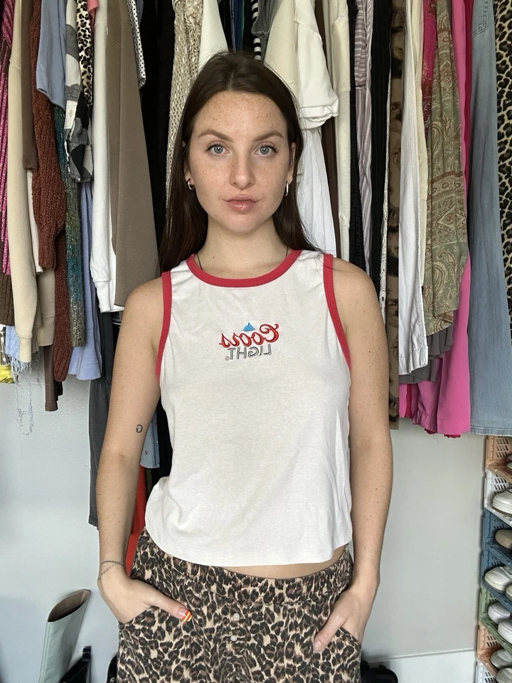 Y2K Coors Light Ringer Tank Top S/M Terry Knit Red Trim Embroidered Logo - Image 1 of 4