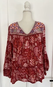 Women’s Rachel Zoe Red Block Print Floral Embroidered Boho Peasant Top Size L - Picture 1 of 7