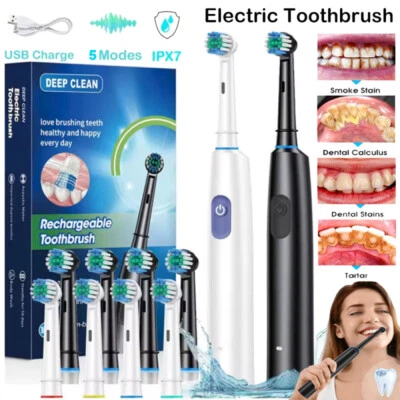 Rotating Electric Toothbrush Rechargeable With 4 Brush Heads 5 Modes Timer USB~ - Image 1 of 4