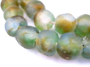 Blue/Green/Brown Swirl Recycled Glass Beads 14mm Ghana African Sea Glass Round - Picture 1 of 1