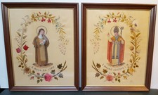 Pair 19th C Silk Embroidery Needlework Saints Religious Antique Icon Stumpwork