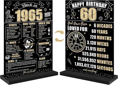 Decorações de aniversário de 60 anos de ouro preto em 1965 placa de mesa para homens mulheres, dois- - Imagem 1 de 4