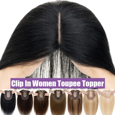 Clip in Top Wig REAL Human Hair Topper Toupee Piece Silk Base Women/Hairpiece 6" - Image 1 of 4