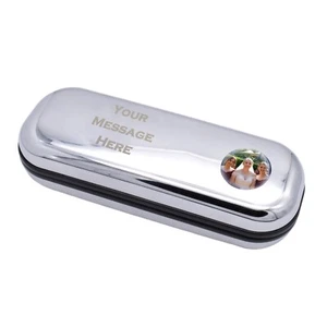 Personalised with Photo & Laser Engraved Message Chrome Spectacles Glasses Case - Picture 1 of 2