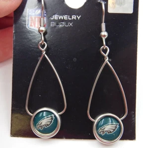 Philadelphia Eagles Womens Silver Toned Drop Dangle Wire Hoop Logo Earrings - Picture 1 of 4
