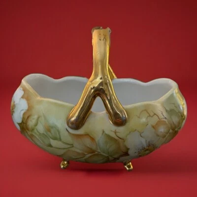 Vintage Porcelain Basket Hand-Painted Wildflowers Gold Handle Signed Unmarked - image 1 of 4