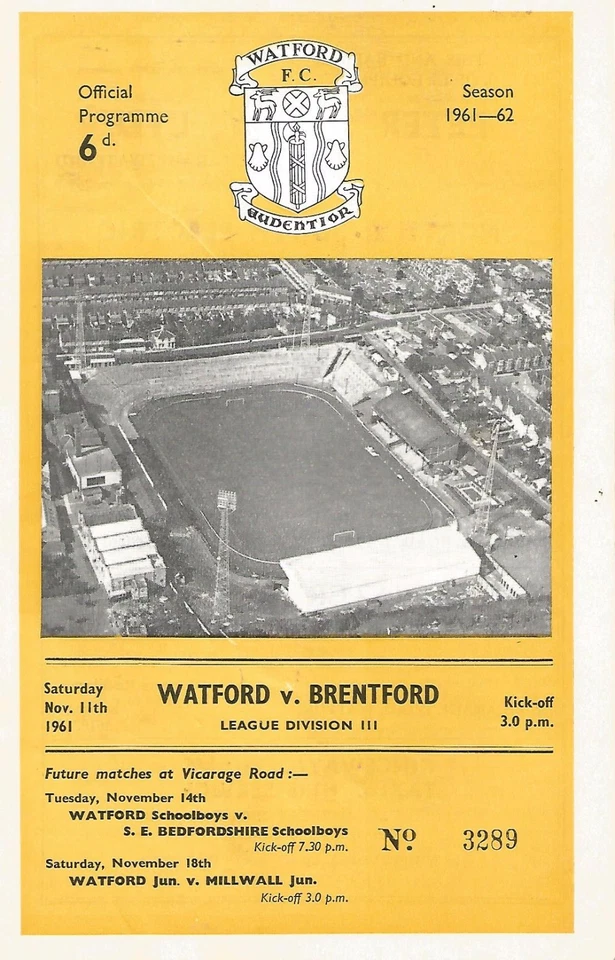 Watford v Brentford - Div 3 - 11/11/1961 - Football Programme - Image 1 of 1
