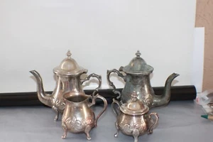KAFFEE TEE SERVICE METALL VERSILBERT 4 TEILE KANNEN + ZUCKER DOSE - Bild 1 von 21