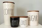 Rae Dunn Canister Kitchen Set Salt, Pepper, Sugar & Coffee Wood Lid Ceramic NEW