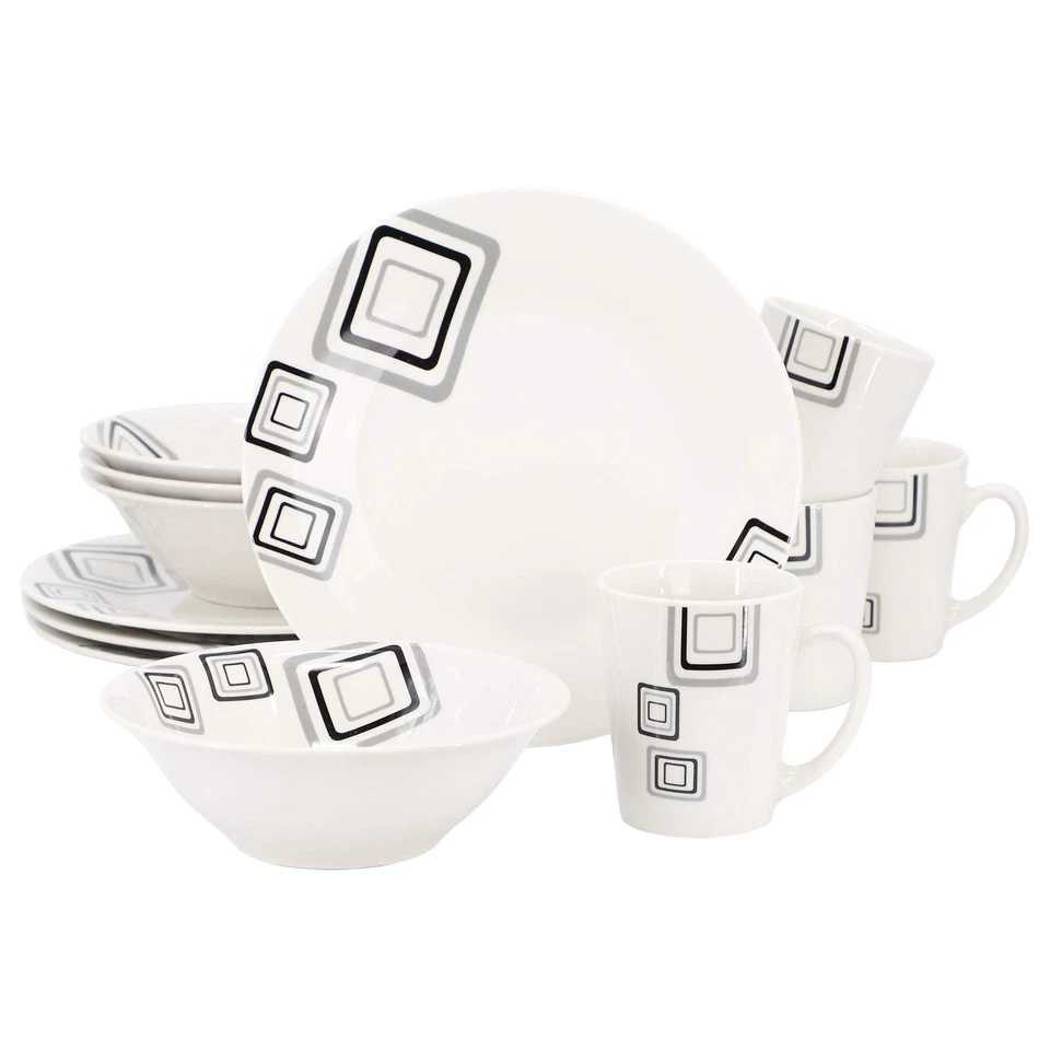 Gibson Home Black Squares 12 Piece Round Fine Ceramic Dinnerware Set in White - Image 1 of 1