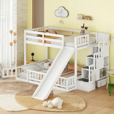 Twin Over Full Bunk Bed with Slide Storage Staircase Solid Wood Bunk Bed Frames - Image 1 of 4