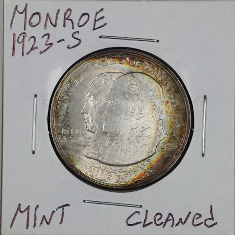1923-S 50C Monroe Commemorative Half Dollar Unc Detail Cleaned #00111 Cover