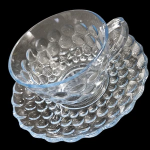 Vintage Blue Glass Cup & Saucer Set Hobnail Thumbprint Pattern Set of 2 - Picture 1 of 3