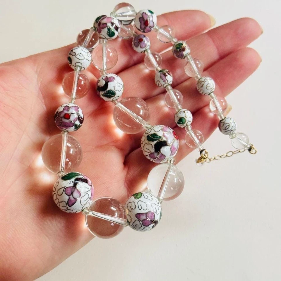 Vtg Clear Rock Crystal Quartz Cloisonne Necklace natural Gemstone Sterling 925 - Image 1 of 1