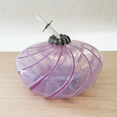 Vtg Anton Intaglio Hand Blown Lavender Swirl Art Glass Oil Lamp Signed Pumpkin - Image 1 of 4