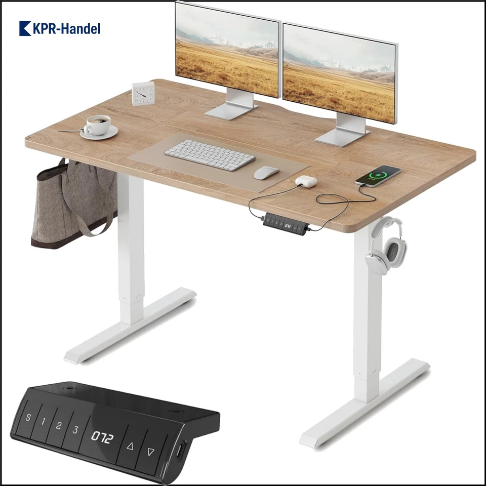 Ergonomischer Höhenverstellbarer Schreibtisch mit USB-A und USB-C, Eiche 120x... - Bild 1 von 4