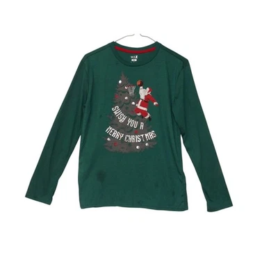 MAX Boys Christmas Shirt Green Santa Basketball Long Sleeve Holiday Top XL - Image 1 of 4