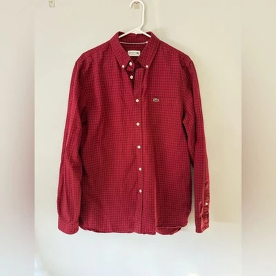 Lacoste Regular Fit Checkered Cotton Button Down Dress Shirt Red Burgundy Size L - Image 1 of 4