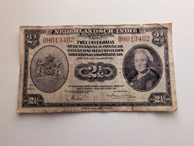 Billete de 2 1/2 florines 1943 de Indias Neerlandesas - circulado Foto 1 de 2