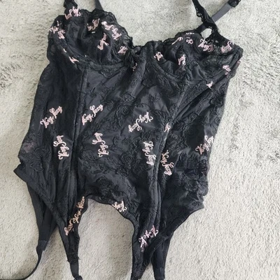 Corsé vintage Victoria's Secret para mujer 34B negro rosa encaje tirantes muy sexy Foto 1 de 4