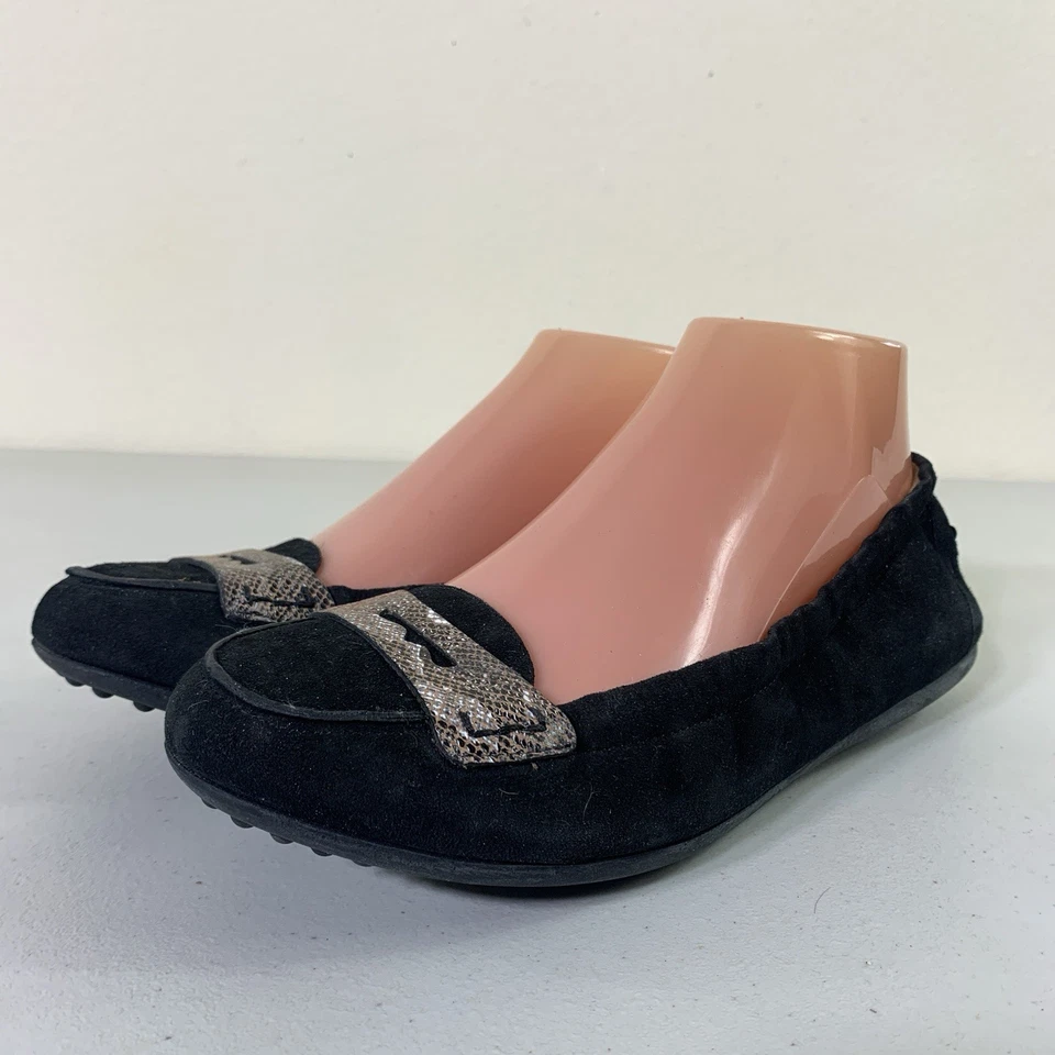 Mocasines planos Donald J Pliner de gamuza negra con ribete de serpiente para mujer 7 hechos en Italia Foto 1 de 4