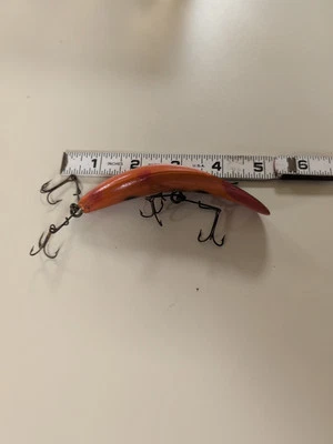 Vintage Musky Lure M-2 Wood Helin Flatfish Black Orange Red Spot Gang Hooks Old  - Image 1 of 4