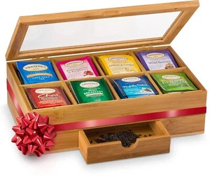 Tea Bags Bamboo Magnetic Lid Organizer Storage Box With Drawer & Acrylic Window - Picture 1 of 6