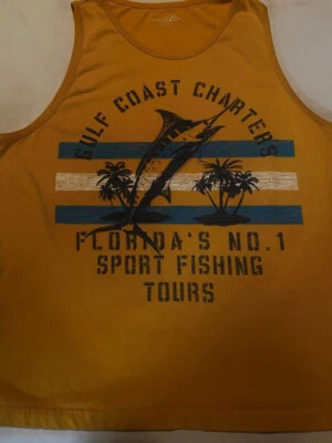 Trader Bay Yellow Graphic Cotton Blend Men's Tank Top XL "Gulf Coast Charters" Foto 1 de 3