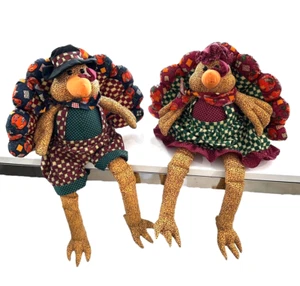Vintage Turkey Shelf Sitter Thanksgiving Decor Stuffed Fabric Boy Girl Pair 19” - Picture 1 of 11