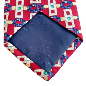Burberry Red Silk Tie Diamond Emerald Buckle Pattern Made in USA - Picture 1 of 8