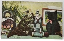 Cats Kittens Playtime With Ragdoll & Pull Horse Postcard C6